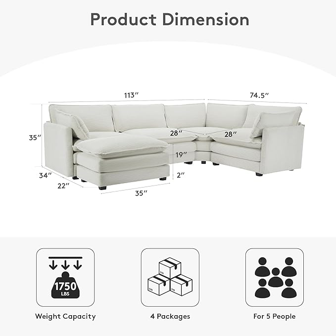 ROWHY 113'' Modular Sectional Cloud Corner Couch, 5 Seater L Shape Sofa Big Comfy Corduroy Oversized Couch with 2 Pillows Movable Ottoman, Deep Seat Sectional Couches for Living Room Office Light Grey