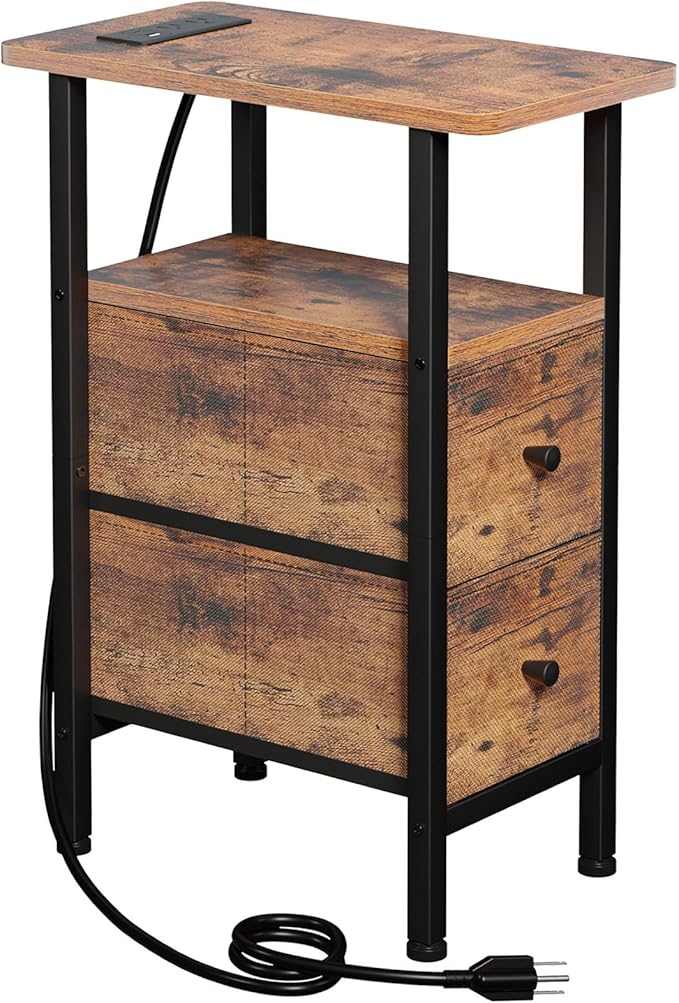 LOAKEKEL Narrow End Table Living Room with Charging Station, Skinny Side Table with Fabric Drawers, Slim Nightstand for Bedroom, Small Spaces, Couch, Rustic Brown, HETNDP02PBR-1