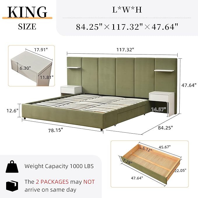 King Bed Frame with Storage & Built-in Nightstands, Velvet Upholstered Platform Bed Frame with Drawers & 2 Floating Storage Shelves, Noise-Free, No Box Spring Needed, Easy Assembly, Green