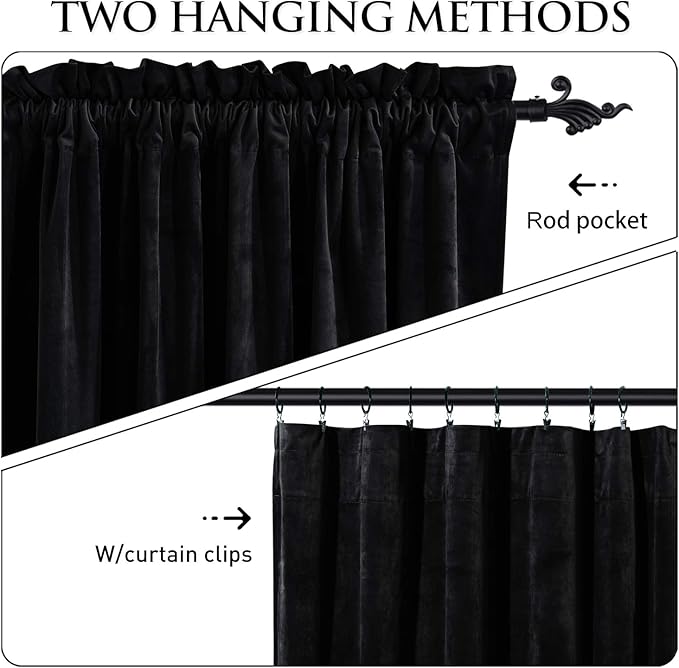 StangH Velvet Curtains 90 inches Long - Blackout Black Super Soft Rod Pocket Window Drapes Light Blocking Thermal Insulated Sliding Door Covering for Living Room, W52 x L90, 2 Panels