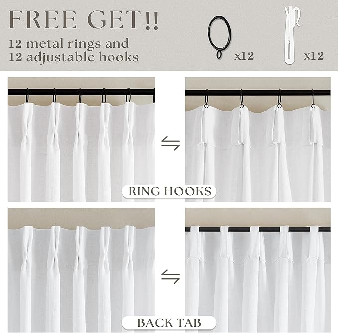 Extra Wide 108 Inch Long Curtains 70 Inch Wide Pinch Pleat Linen Curtains for Living Room Bedroom Light Filtering Privacy Pleated Drapes Hooks Rings Back Tab for Sliding Door White 1 Panel