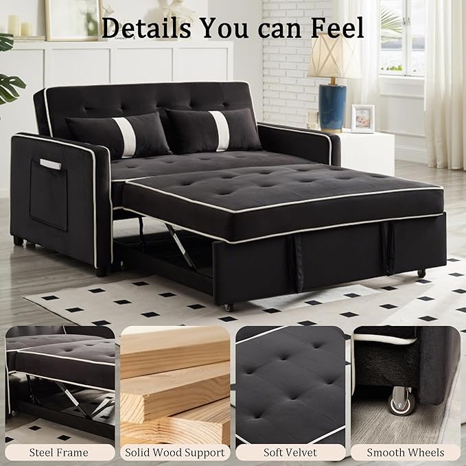 Convertible Sofa Bed, 3-in-1 Loveseat Futon Sofa Bed with 3-Position Adjustable Backrest & Side Pocket, Modern Velvet Fabric Pull Out Couch for Living Room, Small Spaces (Black)