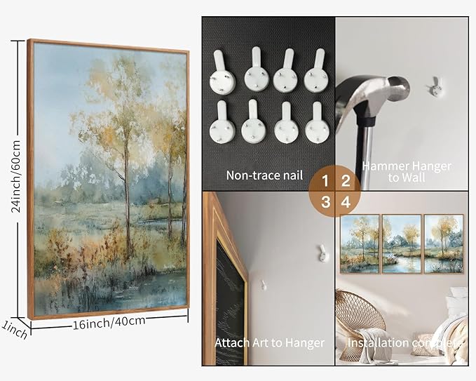 Yeehomedec Large Vintage Neutral Nature Framed Canvas Wall Art, Mid Century Modern Fall Wall Decor, Wilderness Landscape Art Painting, Rustic Country Trees Artwork for Living Room Bedroom Office 16"x24"x3