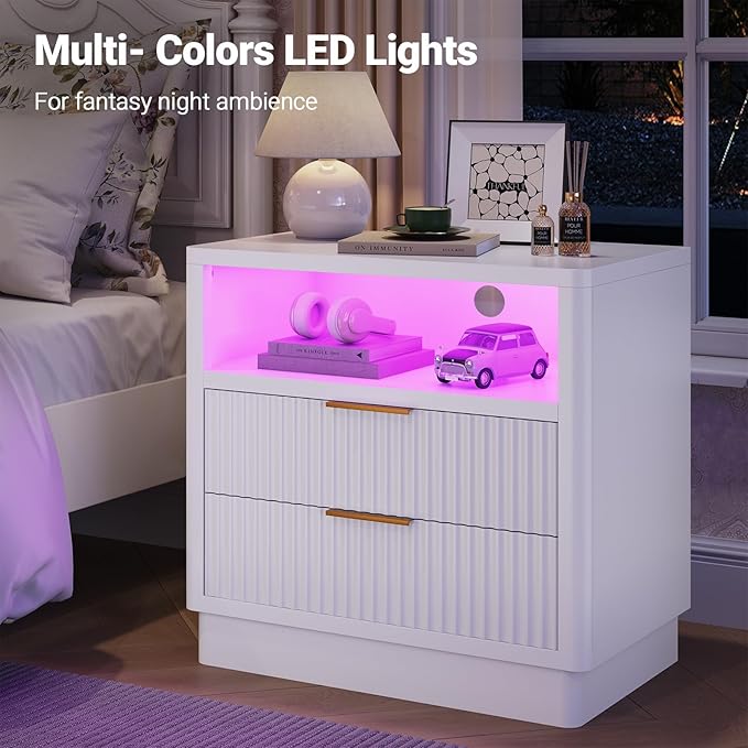 ELYKEN White LED Nightstand with Charging Station, Fluted 24" Wide Bedside Table with 2 Drawers Wood End Table with USB & Type-C Port for Bedroom