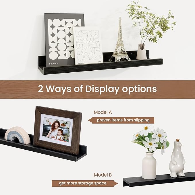 Fun Memories Picture Ledge Shelf, Solid Pine Wood Floating Shelves Set of 4, 16 Inches Nursery Book Shelves for Toys Storage, Kids Bookshelf Wall Mounted for Living Room Decor Photo Frames, Black