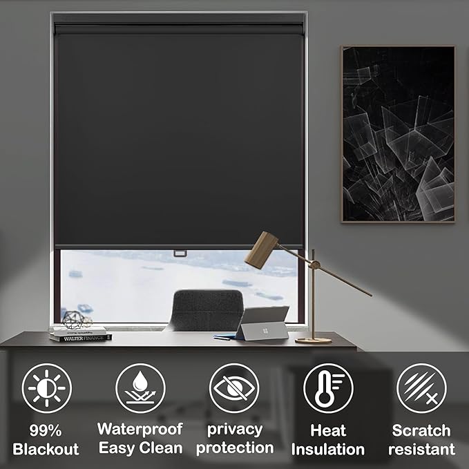 HESTIA No Drill Cordless Blackout Roller Shades Screwless Waterproof Shower Window Blinds, Auto-Retraction Easy Install Blind for Bathroom/Kitchen/Office/Exterior, Black, 27" W x 54" H
