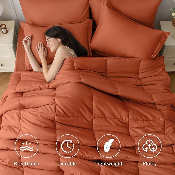 JOLLYVOGUE Queen Comforter Set, Ultra-Soft Bed in a Bag Queen Size 7 Pieces, Oeko-TEX Certified Bedding Set with Down Alternative Comforter, Sheets, Pillowcases & Shams, Burnt Orange