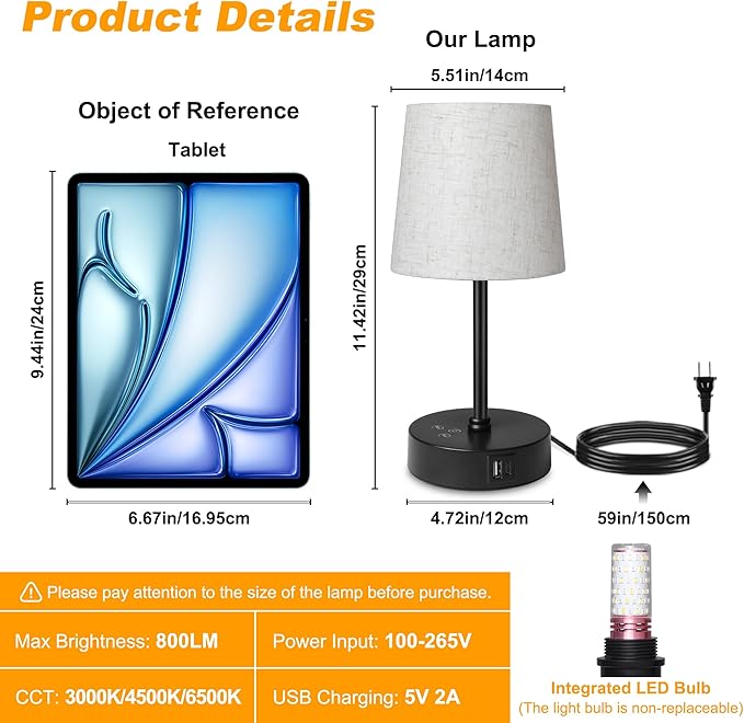 Ascher Small Bedside Table lamp Set of 2, RGB Color Changing Lamps, 3 Color Temperatures, Dimmable Nightstand Lamp with USB C+A Ports, Touch Desk Lamp for Bedroom Living Room, H11.4in(Flaxen Shade)