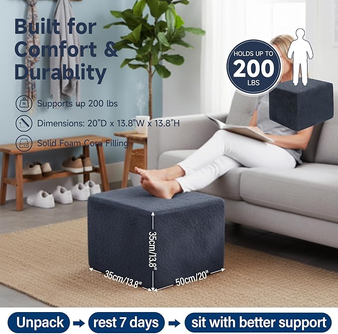 Tiita Stuffed Pouf Ottoman, Square Foot Stool Fluffy Floor Poufs Chair for Living Room Bedroom, Filled Boho Foot Rest for Couch, Blue-Grey