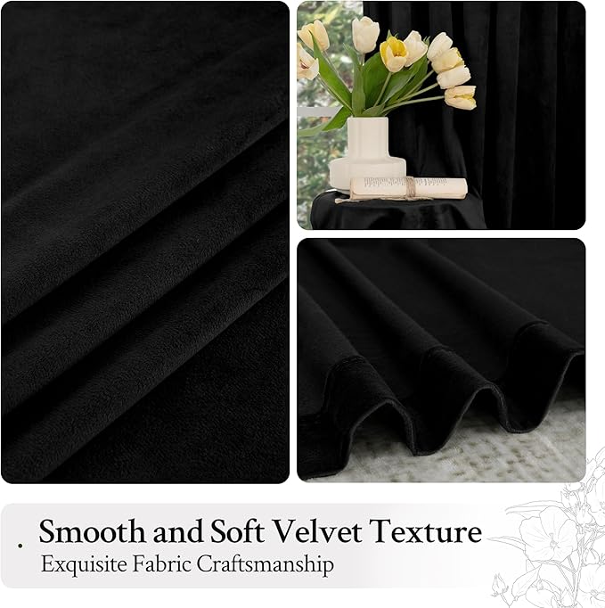 LAMIT Velvet Blackout Curtains for Bedroom 102 Inch Length, Halloween Black Room Darkening Thermal Panels Privacy Protected Back Tab and Rod Pocket Drapes for Living Room, 2 Panels, 52 x 102 Inch