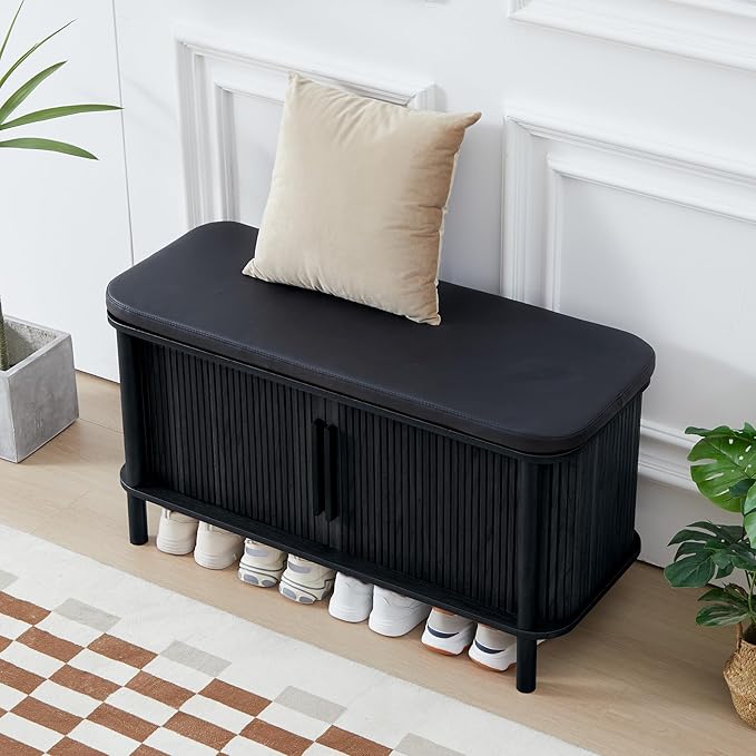 Shoe Bench, Entryway Shoe Cabinet with Leather Cushion and Sliding Door, Modern Shoe Storage Organizer for Living Room, Hallway (Black)