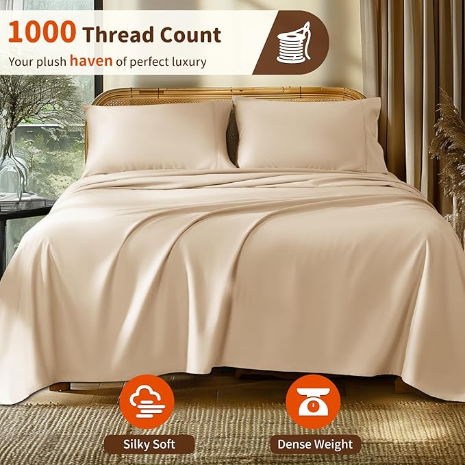 LBRO2M 1000 Thread Count 100% Egyptian Cotton Sheets Set Twin, 3 Piece Sets Bed Sheet Deep Pocket Sheet Set 16" Soft Comfortable All Season (Twin, Cream)