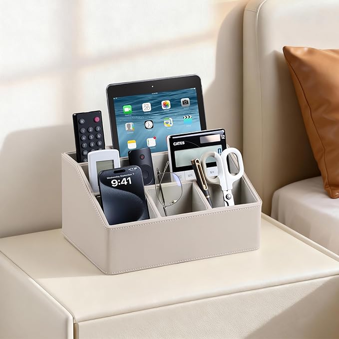 MEIBOOCH PU Leather Desk Organizer, Luxury Remote Control Holder for Home, Office Desk Accessories Table Caddy Bedside Nightstand Organizer (Dark Beige)