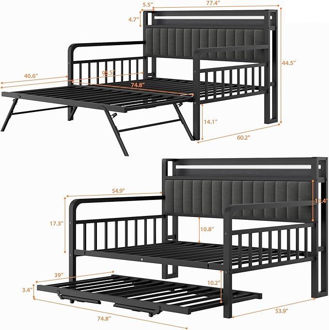 Daybed with Trundle and LED Light, Heavy Duty Metal Full Bed Frame with Upholstered Storage Headboard & Charging Station, Day Bed Pop Up Trundle Bed for Living Room,Bedroom and Guest Room, Black