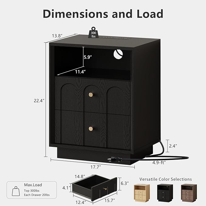 Nightstand Set of 2 with Charging Station, Mid Century Modern Nightstand with Arched Design, Minimalist End Table Wood Grain Bedside Tables for Bedroom or Living Room, Black