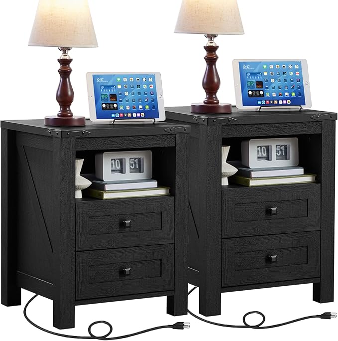 Joaxswe Night Stands with Charging Station Set of 2, Farmhouse Nightstand, Wooden Bedside End Tables with 2 Drawers and Open Shelf, Bed Side Table for Bedroom, Living Room, Closet, Office (Black)
