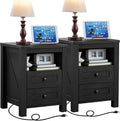 Joaxswe Night Stands with Charging Station Set of 2, Farmhouse Nightstand, Wooden Bedside End Tables with 2 Drawers and Open Shelf, Bed Side Table for Bedroom, Living Room, Closet, Office (Black)