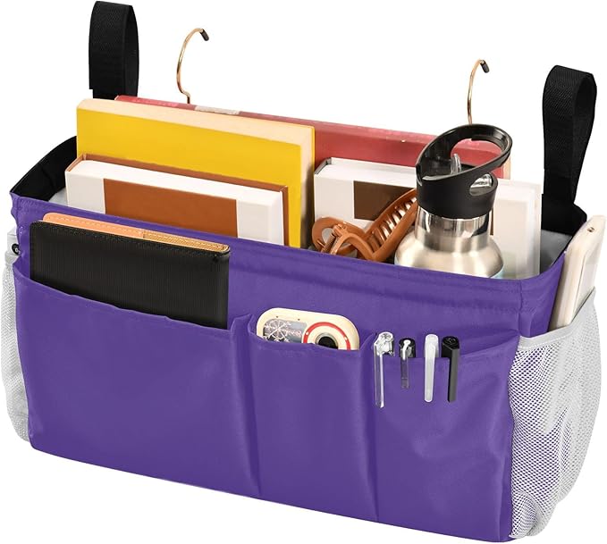 KOPIRIT Dark Purple Bedside Caddy Storage Bag Bedside Organizer for Bunk Bed Headboards College Bedside Shelf Hanging Organizer 6 Pockets with Hooks for Magazine Water Bottle Holder