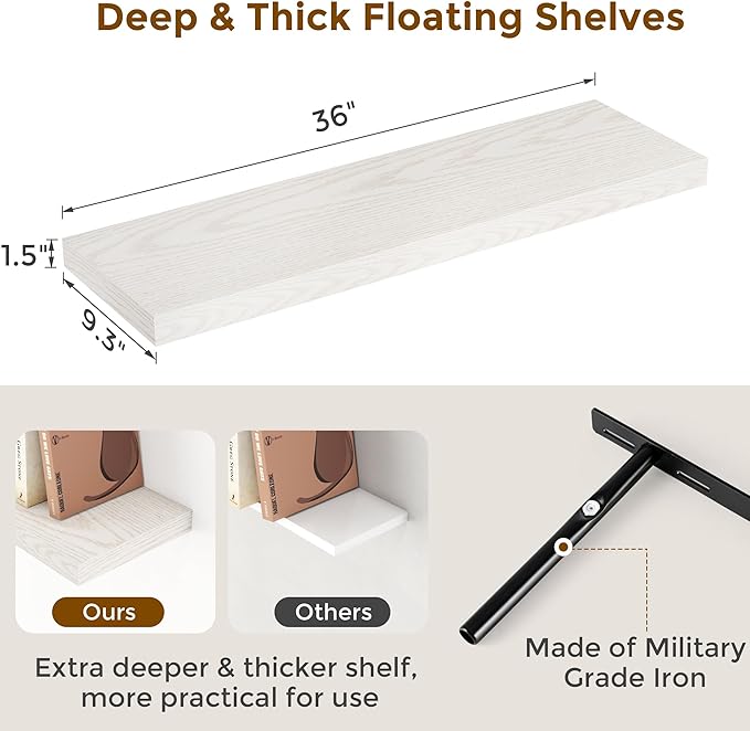 Fun Memories Farmhouse Floating Shelves for Wall, 48 x 9.3 Large Floating Shelf Wall Mounted, Rustic Wood Shelves for Bathroom, Kitchen, Living, Heavy-Duty Storage Deep Shelf for Books, Decor, Brich