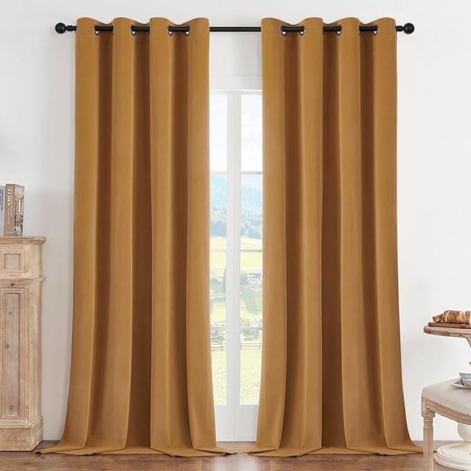 Joydeco Mustard Yellow 100% Blackout Curtains 90 Inch 2 Panels, Luxury Thermal Yellow Velvet Curtains for Bedroom Living Room, Soundproof Blackout Window Drapes, Grommet Top (52W x 90L)