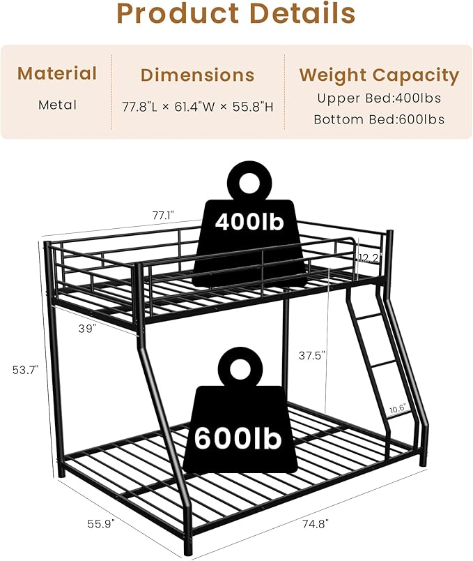 Twin Over Full Bunk Bed for Adults & Kids, Heavy Duty Bunk Beds with EVA Padded Ladder and Full-Length Guardrails, Noise-Free Metal Bed Frame, Space-Saving Design, Black