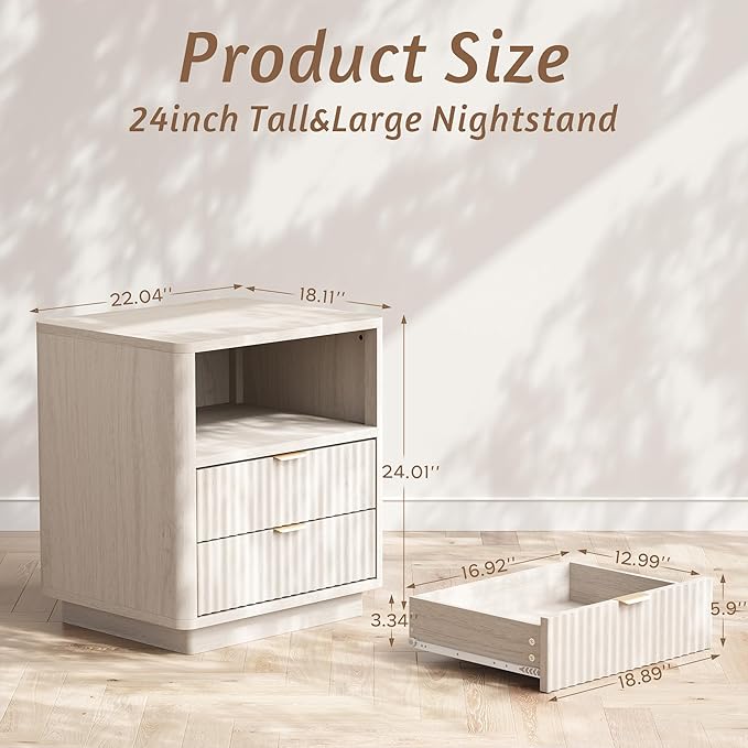 Fluted Nightstands Set of 2 - Nightstand with 2 Drawers & Open Shelves, 22" Wide Large Bedside Stand Modern Storage Wooden Side Tables for Bedroom (Oak White)