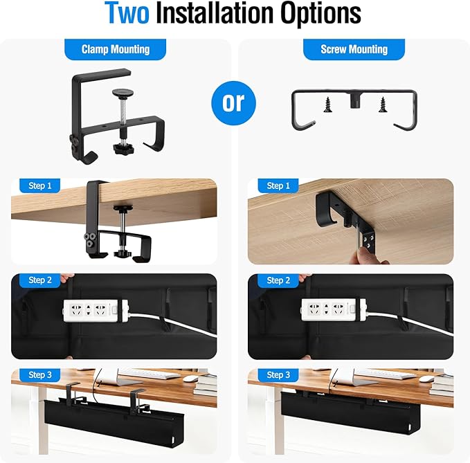 Under Desk Cable Management Tray - Heavy Duty No-Drill Clamp & Screw Mount, 28-Inch Cord Organizer for Home Office, Gaming Setup & Study Room, Holds Power Strip & Large Adapters (Black, 28"L x 5.5"W)