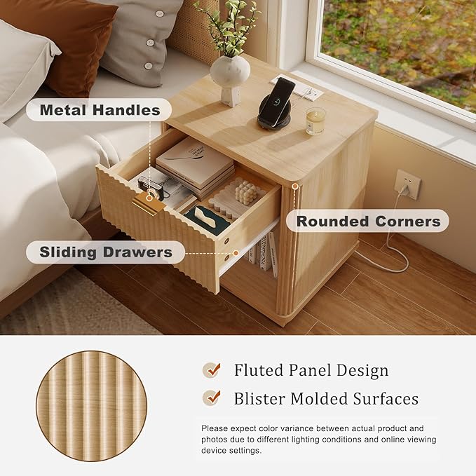 LYNCOHOME Fluted Nightstand Set of 2 with Charging Station, Bedside Table for Bedroom with 1 Drawer Storage, Night Stand for Bedroom（Natural）