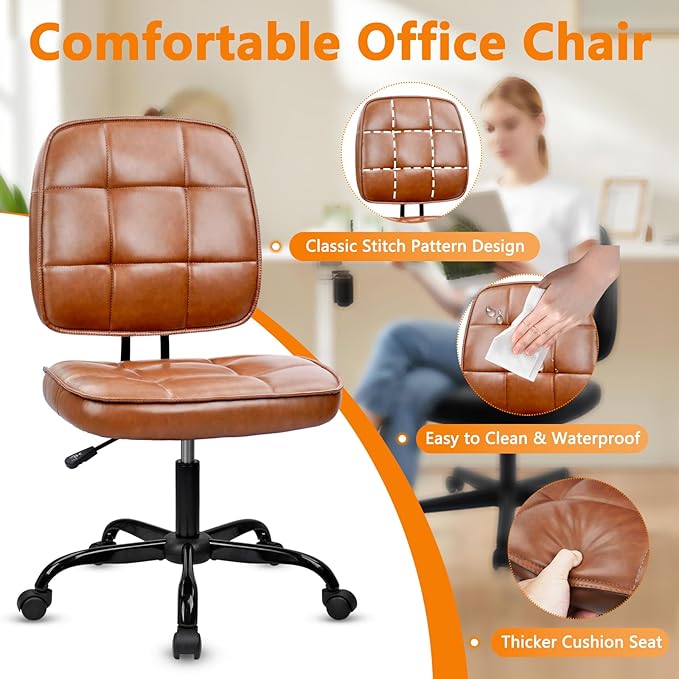 CLATINA Armless Home Office Chair with Lumbar Support and Wheels, Small PU Leather Ergonomic Low Back Desk Chairs No Arms, Adjustable Height 360° Swivel Rolling Computer Task Chair, Brown
