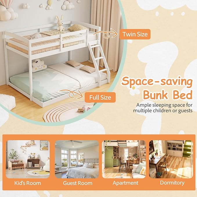 KOMFOTT Low Bunk Bed Twin Over Full, Solid Wood Twin Bed Frame with Built-in Ladder & Safety Guardrails, Space-Saving Low Bunk Bed for Kids, Teens, No Box Spring Needed