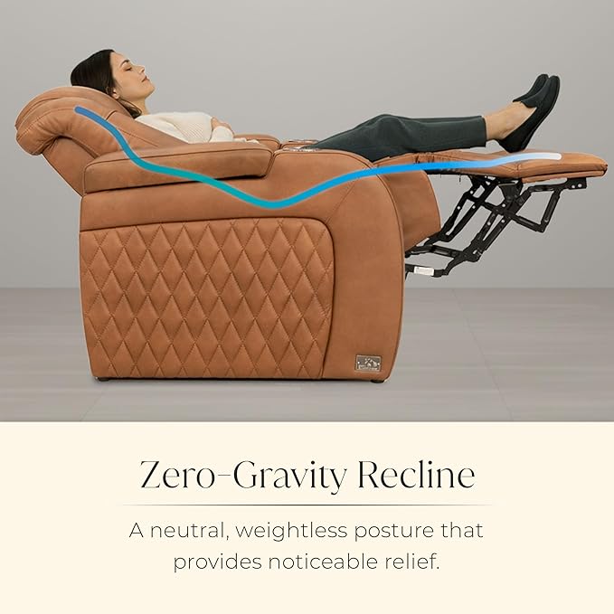 Seatcraft Diamante Zero-Gravity CoolZero Italian Leather Home Theater Seating, Power Headrest, Power Recline, Row of 4 Left Loveseat, Tawny