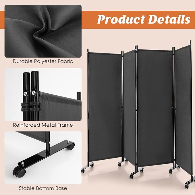 GOFLAME 4 Panel Folding Room Divider, 6FT Rolling Privacy Screen with Lockable Wheels, Portable Room Partition Screen, Freestanding Wall Divider and Separator for Home Office, Grey