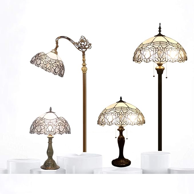 WERFACTORY Tiffany Lamp White Bent Stained Glass Bedside Table Lamp Desk Reading Light 12X12X18 Inches Decor Bedroom Living Room Home Office S508W Series