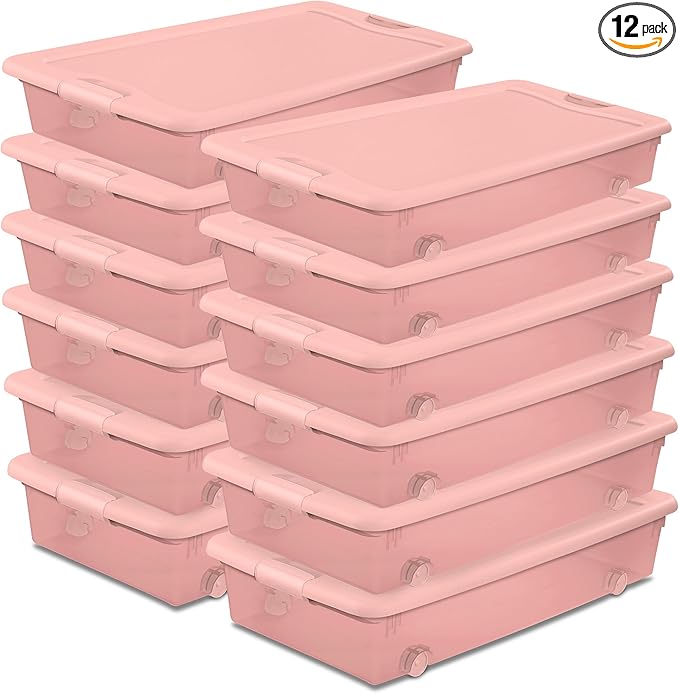 Sterilite 12 Pack Wheeled Under Bed Storage Container, 56 Qt Plastic Bin w/Latching Lid for Organization - Clothes & Shoes Organizer, Pearl Blush Tint