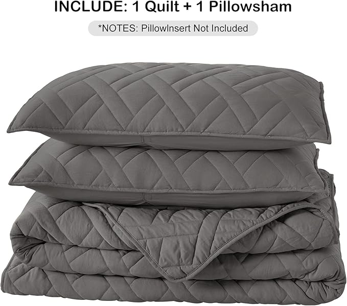 HORIMOTE HOME Quilt Set Twin Size Grey, Classic Geometric Diamond Stitched Pattern, Microfiber Ultra Soft Lightweight Bedspread Coverlet for All Season, 2 Piece Includes 1 Quilt and 1 sham