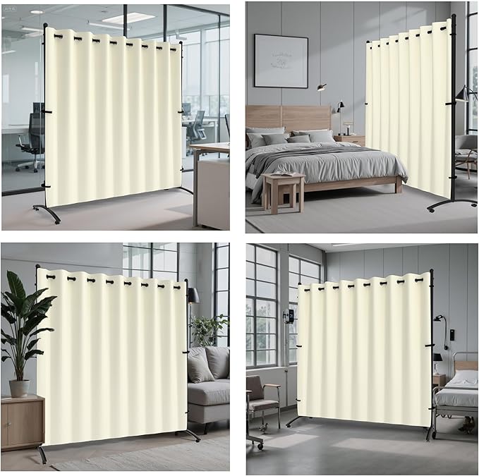 Room Divider, Curtain Privacy Screen with 360°Lockable Wheels 6FT Portable Room Divider Panel Freestanding Partition Divider Screen for Separator Wall Divider Bedroom Office (White)