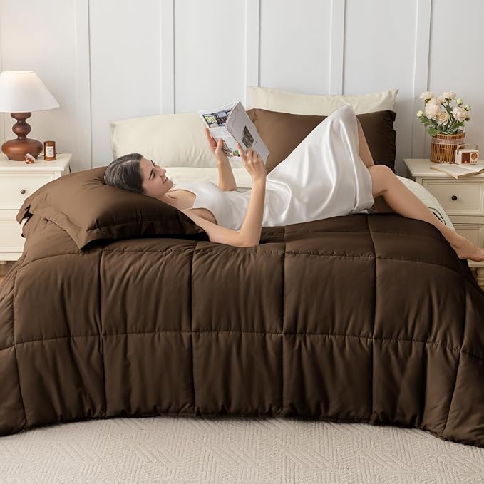 JOLLYVOGUE Twin XL Comforter Set, Ultra-Soft Bed in a Bag Twin XL Size 5 Pieces, Oeko-TEX Certified Bedding Set with Down Alternative Comforter, Sheets, Pillowcases & Shams, Brown & Beige