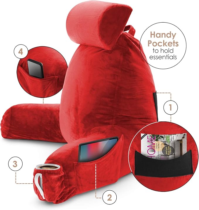 Nestl Reading Pillow with Shredded Memory Foam Includes 2 Neck and Lumber Support Pillows, Designed for Sitting Up in Bed and Couch, Back and Arms Adjustable Support for Adult & Teens, Red