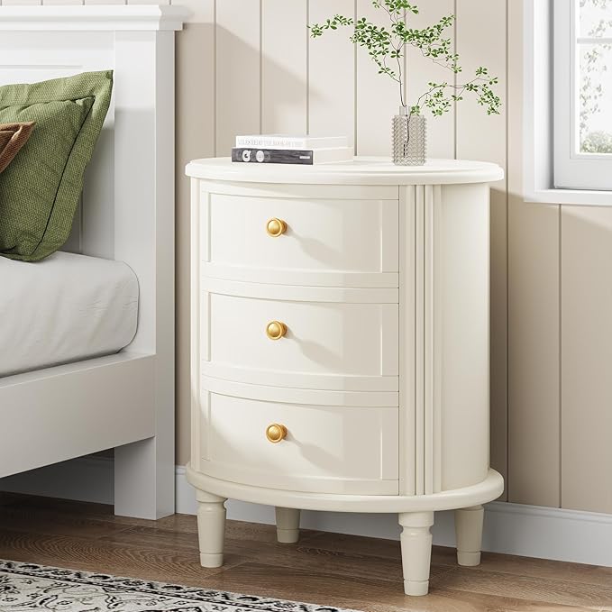Tribesigns Nightstand with 3 Drawers, Oval Bed Side Table for Bedroom, Fully Assembled, Farmhouse Night Stand with Storage, Wooden Side End Table with Solid Wood Legs for Living Room, Beige White
