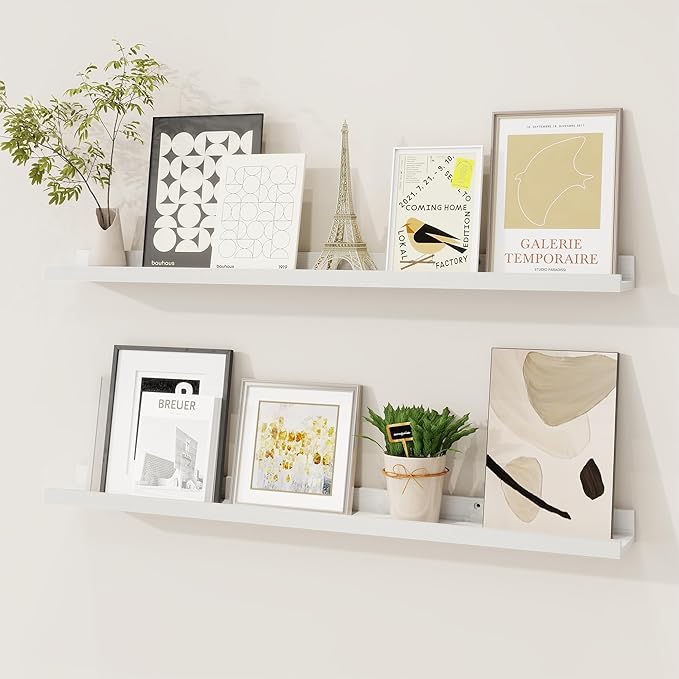 Picture Ledge Shelf, Floating Shelves Set of 2, 32 Inches Solid Wood Nursery Book Shelves for Toys Storage, Kids Bookshelf Wall Mounted for Living Room Bedroom Decor Books Photo Frames, White