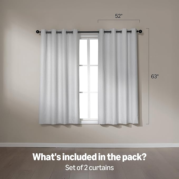 Amazon Basics Faux Linen Blackout Curtains for Bedroom and Living Room, 2-Piece Set with Grommets, 52" W x 63" L, White
