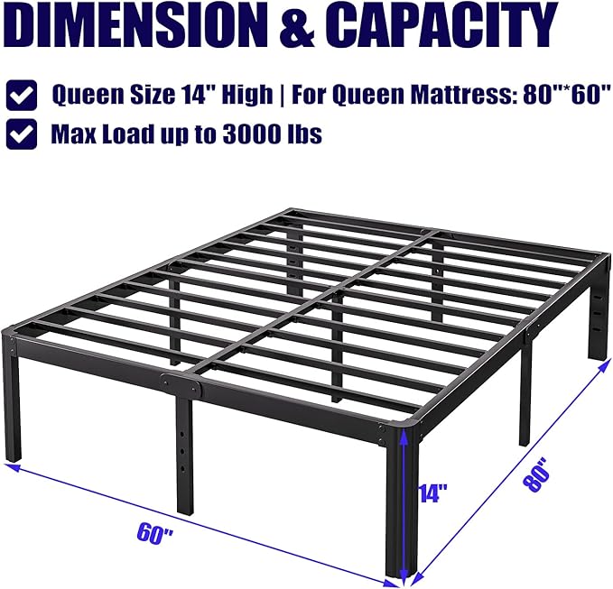 Hunlostten 14in High Queen Bed Frame No Box Spring Needed, Heavy Duty Metal Platform Bed Frame Queen Size with Round Corners, Easy Assembly, Noise Free, Black