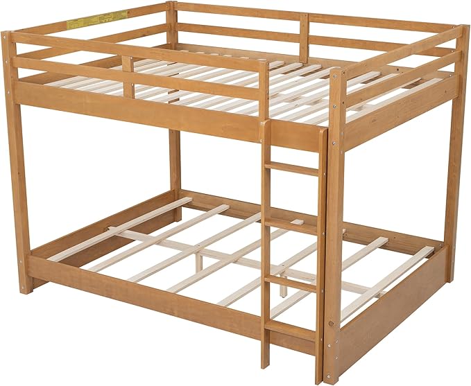 Bellemave Queen Over Queen Size Bunk Bed for Kids/Adults,Solid Wood Bunk Bed Frame Queen Size with Ladder & Safety Guardrails,Wood Color