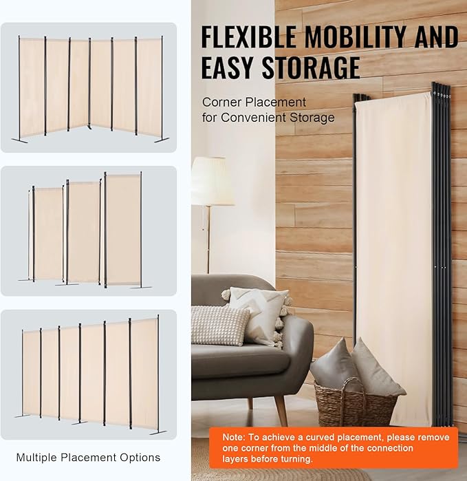 VEVOR Room Divider, 6 Panel Room Divider, Folding Privacy Screen and Portable Partition Divider for Room Separation, Freestanding Room Partitions for Office, Bedroom, Study, Beige