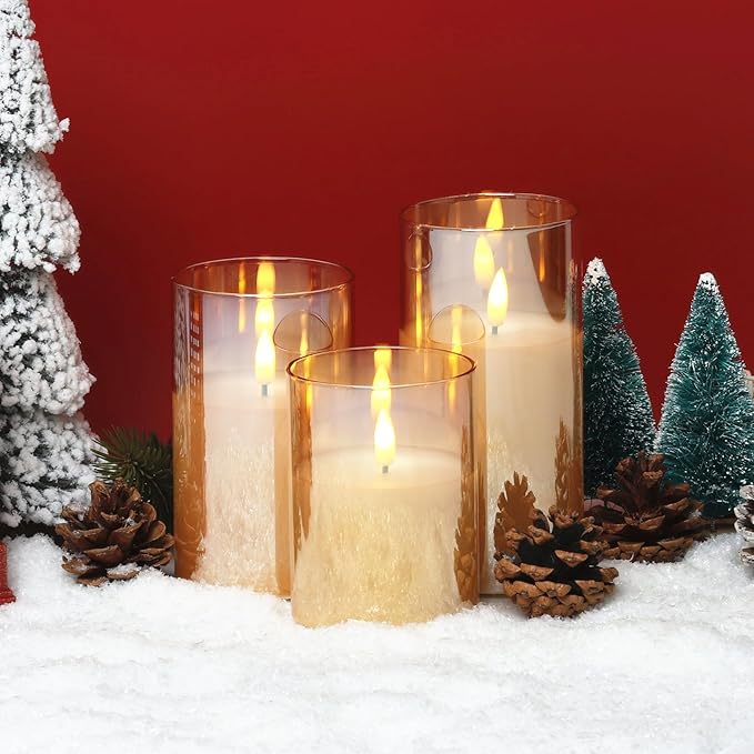 Eywamage Gold Glass Flameless Pillar Candles with Remote, Flickering Christmas LED Candles Battery Operated Set of 3
