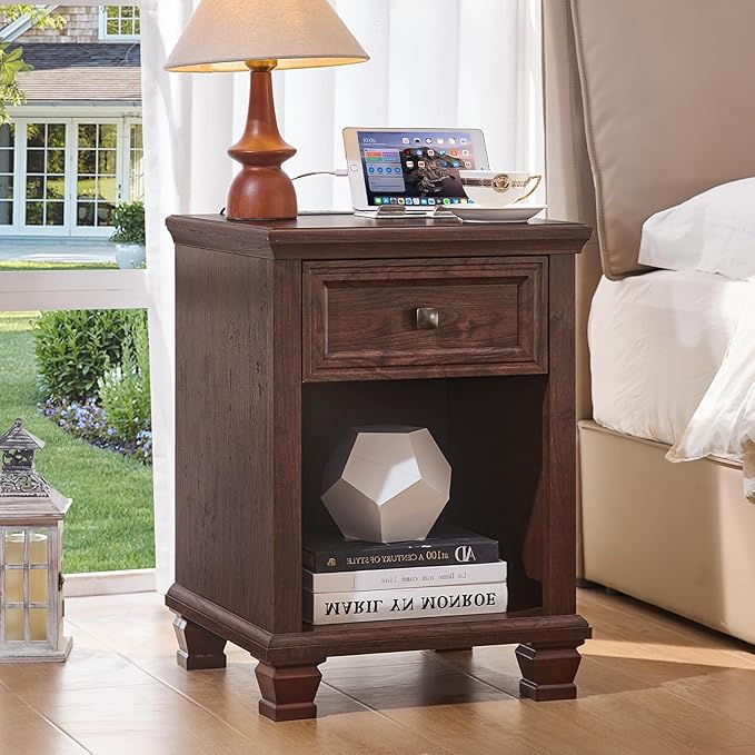 SAVOR LIFE Farmhouse End Tables Living Room Set of 2, Rustic Wood Nightstand with 1 Drawer, Brown Bedside Table with Open Shelf for Bed Room, Side Tables for Living Room, Walnut