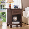 SAVOR LIFE Farmhouse End Tables Living Room with Drawer, Rustic Wood Nightstand with Charging Station, Brown Bedside Table with Open Shelf for Bed Room, Living Room, Walnut