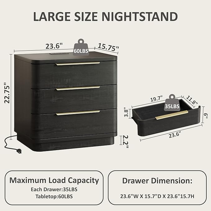 Black Nightstand Bedside Table with 3 Storage Drawers, 24" Tall Wood Night Stand with Charging Station, Modern Wide End Table Side Table W/Metal Handle Curved Profile for Bedroom