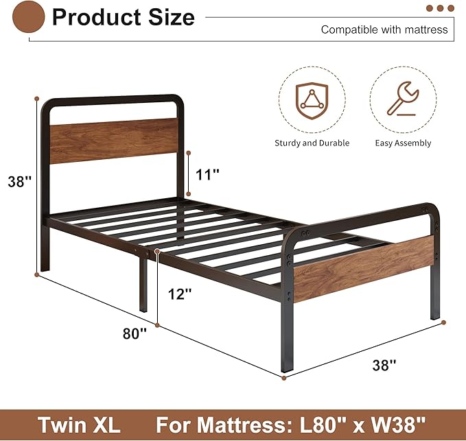 12 Inch Twin XL Bed Frames with Wooden Headboard and Footboard, No Box Spring Needed, Heavy Duty Metal Mattress Foundation, Noise Free, Easy Assembly, Black