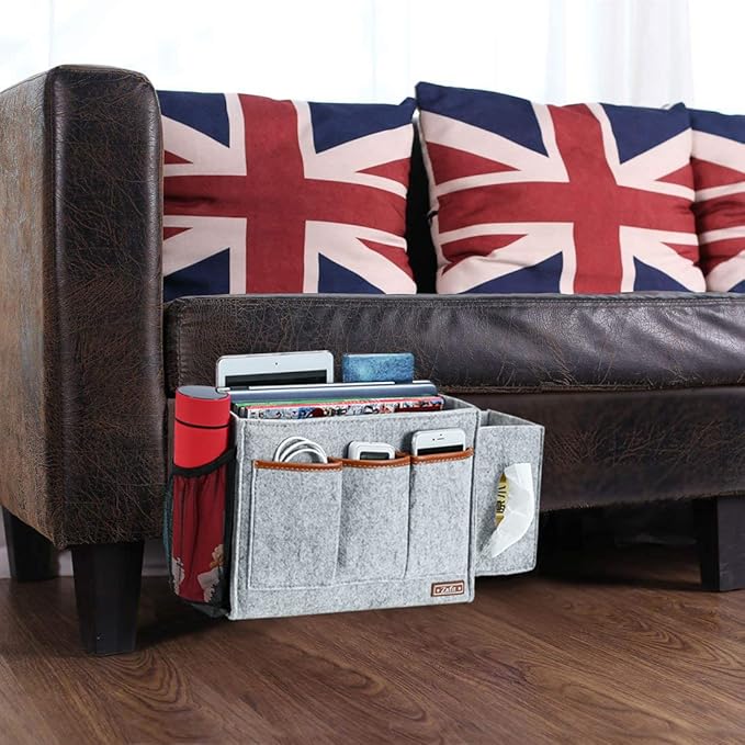Bedside Caddy, Large Size Bedside Storage Organizer Bedside Organizer Caddy for Magazine Remotes Phone (13.4'' x 18.1'' Tissue box holder, Light Grey)